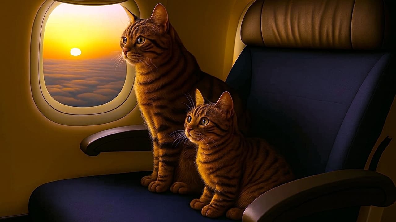 飛行機の窓際の座席に並んで座る2匹のトラ柄の猫。窓の外には雲海と夕焼けが広がり、暖かなオレンジ色の光が猫の毛並みを柔らかく照らしている