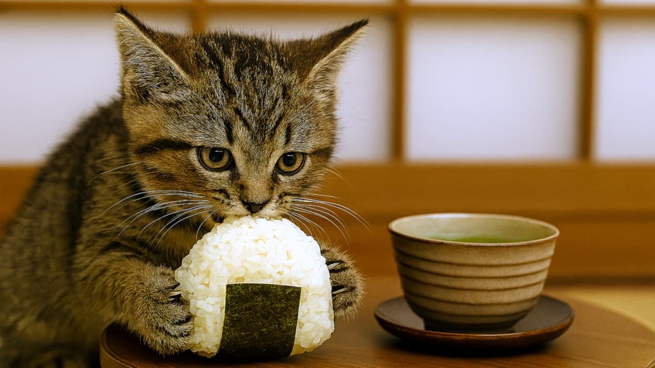 横長構図で、ちゃぶ台の上のおにぎりを食べる子猫と湯呑み。和室の障子が背景に広がる