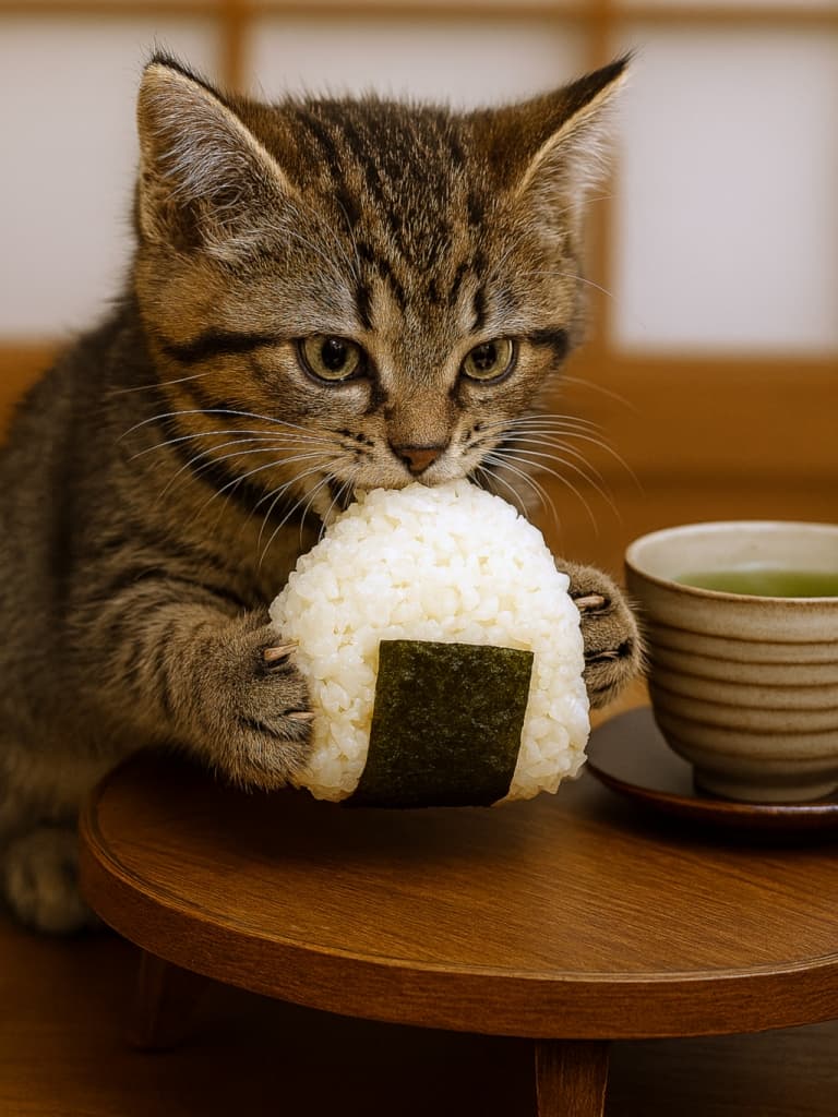 ちゃぶ台の前に座って、おにぎりを食べる子猫と横に置かれた湯呑み茶碗。障子を背景にした和室の雰囲気