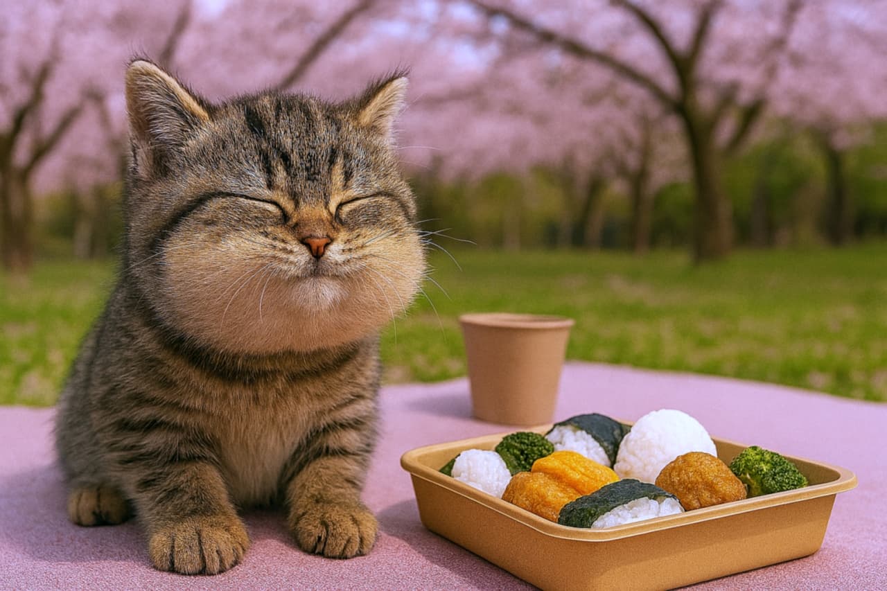 おにぎりを口いっぱいに詰め込んだように頬を大きく膨らませた子猫。桜の下でユーモラスな表情