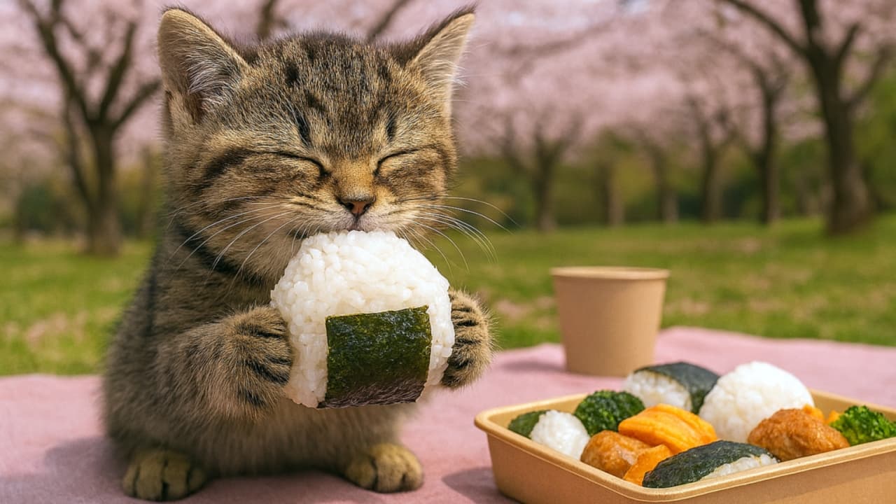 桜並木の下、ピンクの敷物に座っておにぎりを頬張る子猫と、隣に置かれたお弁当箱