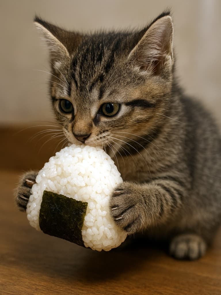 両前足でおにぎりを抱えてむしゃむしゃ食べる子猫のクローズアップ写真。木のテーブルの上で夢中になっている
