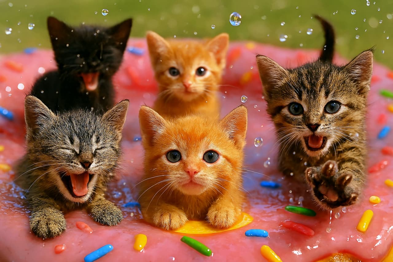 5匹の子猫が巨大なピンクフロストドーナツの中央にできたプールで遊んでいる。カラフルなスプリンクルと水しぶきが空中に舞い、子猫たちが驚いたりはしゃいだりしている様子がポップで楽しい。
