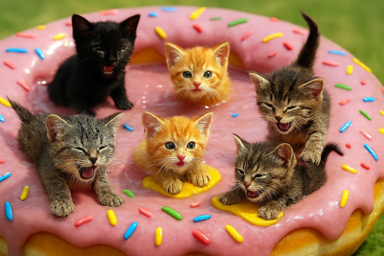 6匹の子猫が巨大なピンクのフロストドーナツの上で遊んでいる。カラフルなスプリンクルと芝生の背景が、ポップで楽しい雰囲気を演出している。