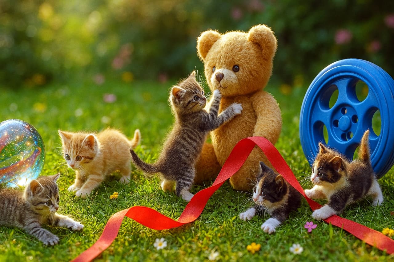 緑の芝生と花に囲まれた庭で、マイクロサイズの子猫たちが巨大なおもちゃと遊ぶ。ビー玉を追う灰色と茶トラの子猫、テディベアによじ登る灰色の子猫、赤いリボンを引っ張り合う三毛と黒白の子猫、青い車輪の中で転がる茶トラの子猫。陽光が差し込み、色鮮やかで楽しげな情景