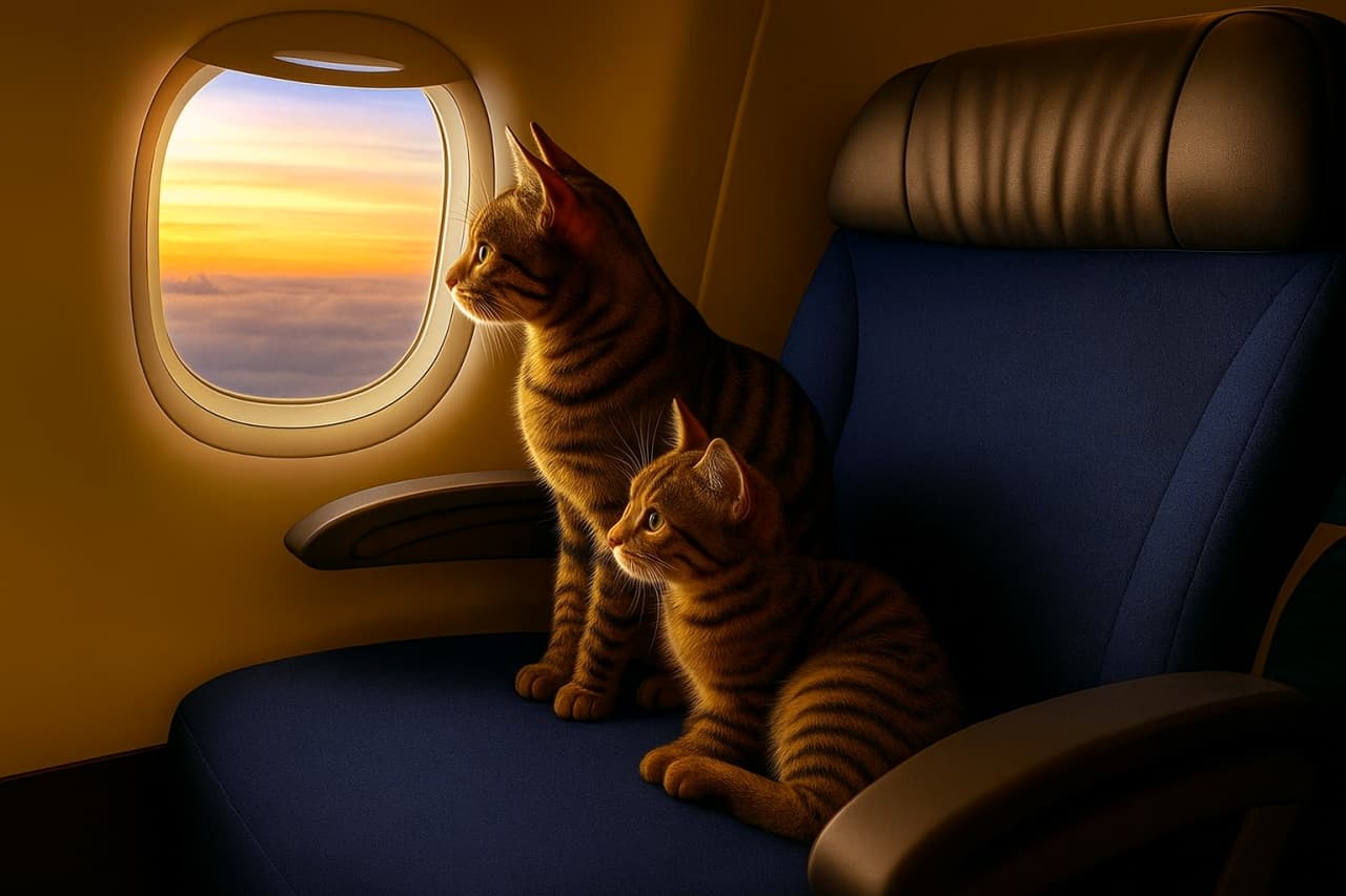 飛行機の青い座席に並んで座る2匹のトラ柄の猫。窓の外には雲海と夕焼けが広がり、黄金色の光が機内に差し込み、猫たちの毛並みを柔らかく照らしている