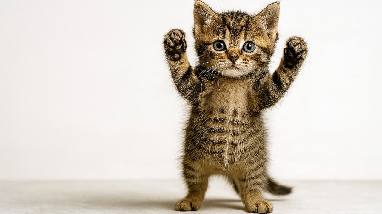 横長構図のキジトラちび子猫が後ろ足で立ち、両前足を掲げてガッツポーズしているフォトリアルな高解像度写真