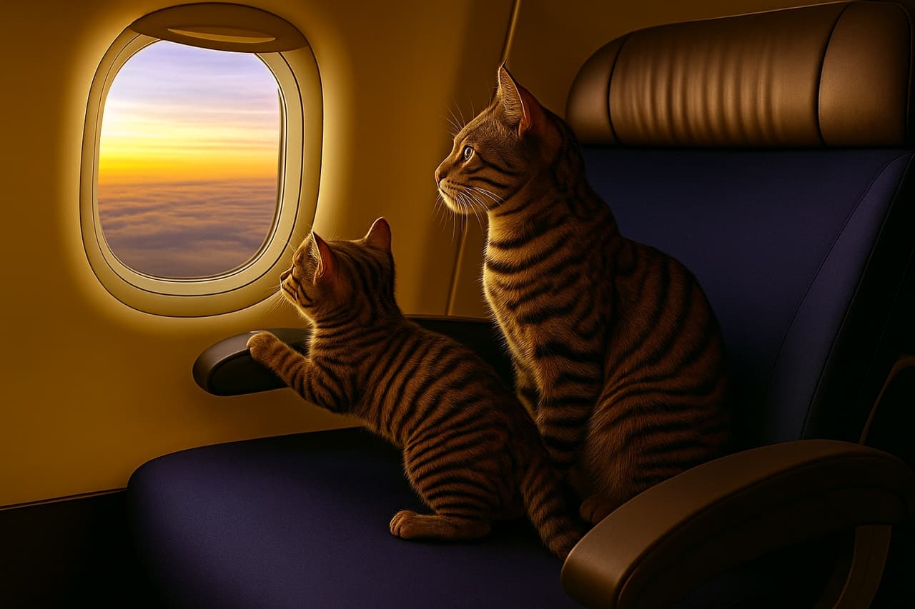 飛行機の座席に並んで座る2匹のトラ柄の猫。1匹は窓の外をじっと見つめ、もう1匹は前足を窓枠にかけて身を乗り出し、雲海と夕焼けに照らされている。暖かな光が機内を包み、猫たちの毛並みを柔らかく輝かせている