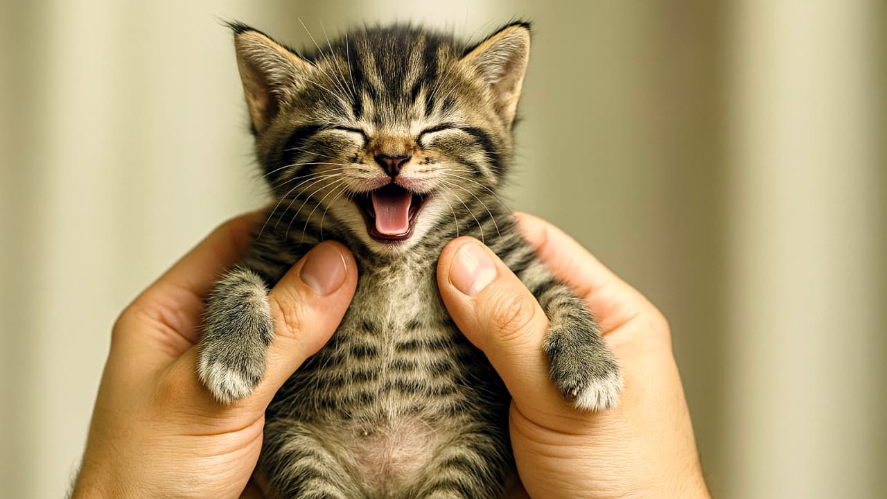 両手で支えられたキジトラ子猫が目を閉じて大きく口を開けて鳴いている横長構図。白い足先と縞模様の毛並みが柔らかい光に映えている。Wide-format photo of a tabby kitten held by two hands, eyes shut and mouth wide open, showing white paws and striped fur under warm light.