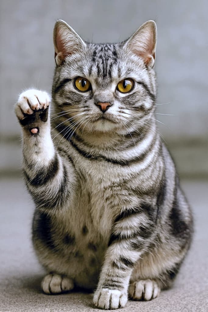 アメリカンショートヘアの銀灰色の猫がコンクリートの上に座り、左前足を軽く持ち上げてカメラを見つめている。クラシックタビー模様がくっきりと浮かび、金色の瞳が印象的。短く密な毛並みと、ピンク色の肉球が柔らかな雰囲気を添えている