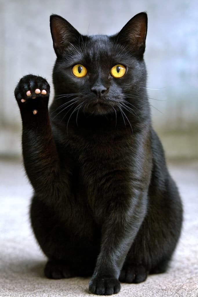 コンクリートの上に座り、左前足を高く掲げてカメラを見つめる黒猫。艶やかな黒い毛並みと琥珀色の瞳が印象的で、まるで招き猫のような仕草がユーモラスかつ神秘的な雰囲気を醸し出している