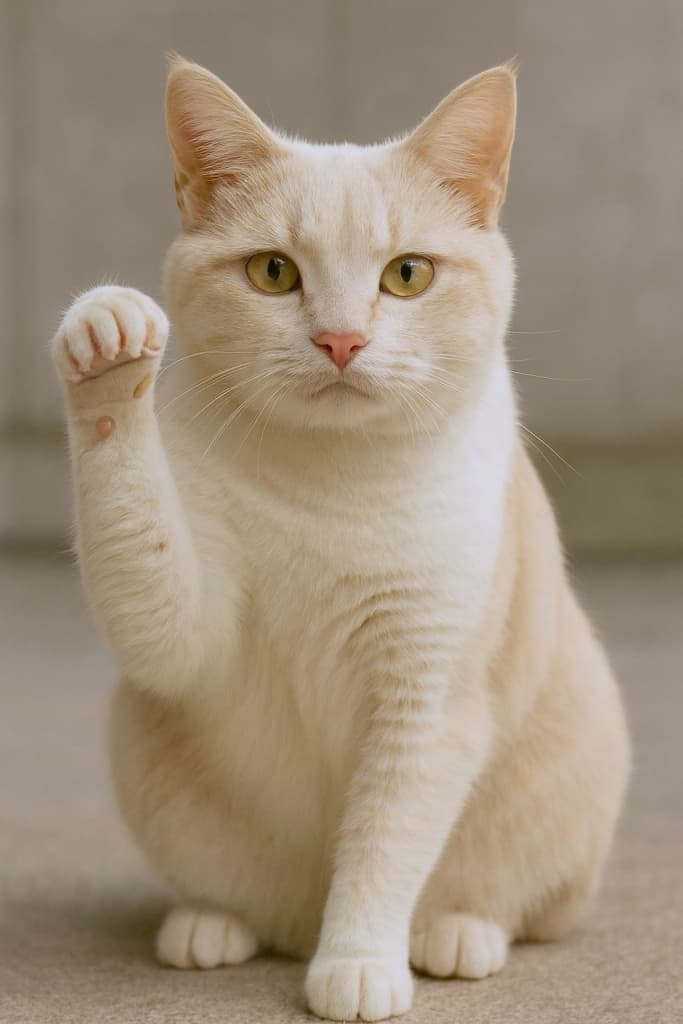 クリーム色の短毛猫がコンクリートの上に座り、左前足をそっと持ち上げてカメラを見つめている。淡い毛並みとまっすぐな視線が穏やかな存在感を醸し出し、前足の小さな斑点が個性を添えている。背景はぼかされ、猫の柔らかな表情と仕草が際立つ