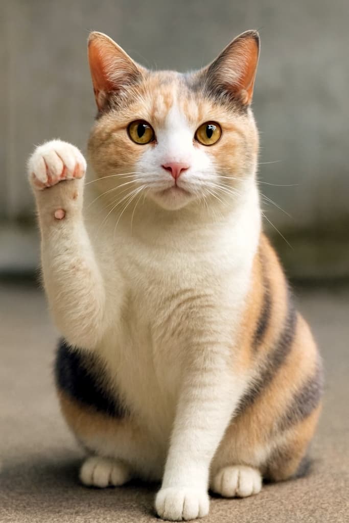コンクリートの上に座るダイリュートキャリコの猫が、右前足をそっと持ち上げてこちらを見つめている。淡いクリーム色とグレー、オレンジが優しく混ざり合った毛並みが柔らかな印象を与え、足の小さなふくらみが健気さを添えている。背景はぼかされ、猫の穏やかな表情と仕草が際立つ