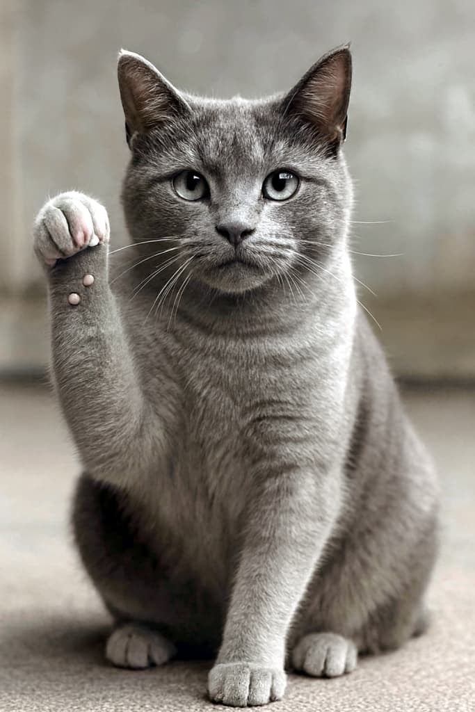 灰色の短毛猫がコンクリートの上に座り、右前足をそっと持ち上げてカメラを見つめている。背景は柔らかくぼけており、猫の穏やかな表情と仕草が際立っている。足の内側には小さなピンク色のふくらみが見える