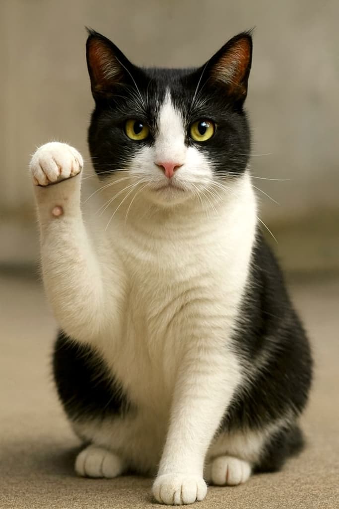 コンクリートの上に座る黒白のはちわれ猫が、左前足を挙げてこちらを見つめている。黒い毛は顔の上半分と背中に広がり、白い毛は口元、胸、前足にかけて柔らかく映える。黄緑色の瞳が印象的で、ピンクの鼻と肉球が穏やかな雰囲気を添えている。背景はぼかされ、猫の表情と仕草に自然な焦点が当たっている