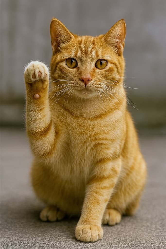 茶トラ猫が右手を上げて招き猫ポーズ。縞模様の毛並みと柔らかな表情が温もりを感じさせる