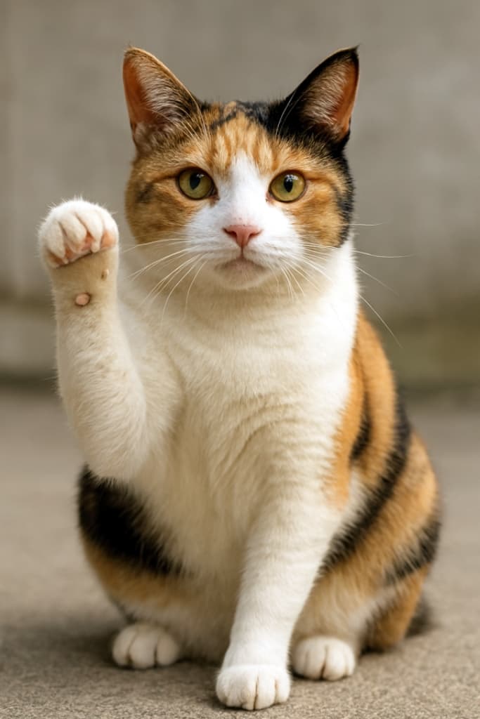 三毛猫が左手を高く上げて招き猫ポーズ。まっすぐな視線で福を呼ぶ仕草が愛らしい