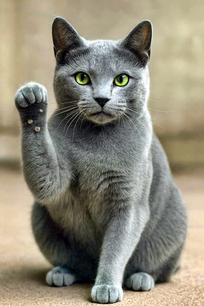 ロシアンブルーの猫がコンクリートの上に座り、左前足を軽く上げてカメラを見つめている。青みがかったグレーの毛並みは柔らかく光を反射し、エメラルドグリーンの瞳が静かな好奇心を湛えている。控えめな挨拶のような仕草が、穏やかで品のある存在感を醸し出している