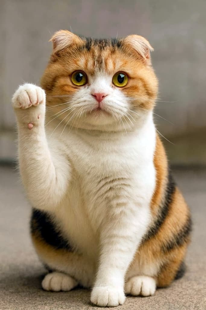 スコティッシュフォールドの三毛猫がコンクリートの上に座り、左前足を軽く上げてカメラを見つめている。折れた耳と丸い瞳が特徴的で、まるで「こんにちは」と挨拶しているような仕草。背景はぼかされ、猫の存在感が際立っている