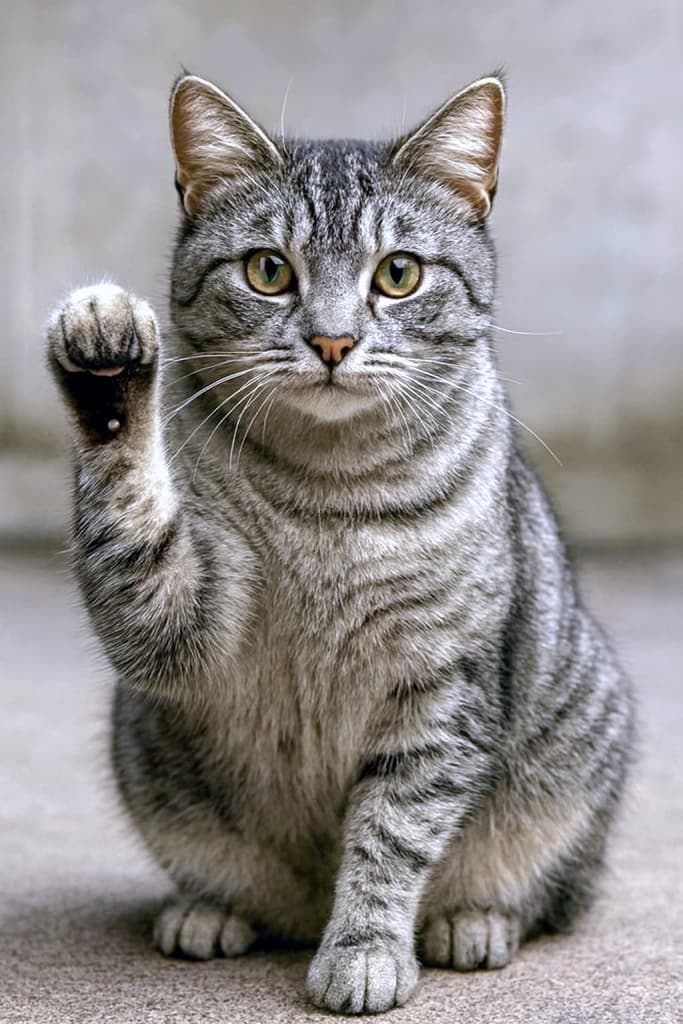 サバトラ猫がカーペットの上で前足を軽く上げて座っている。まっすぐカメラを見つめる表情は、挨拶のようにも問いかけのようにも見え、日常の中にふとしたユーモアと親しみを添えている
