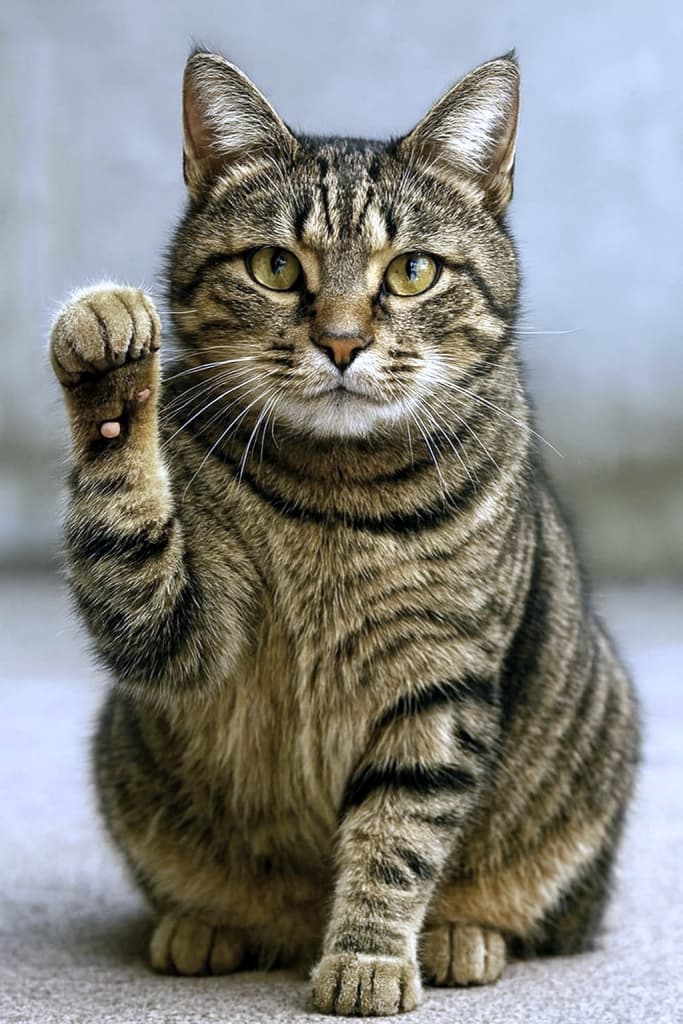 キジトラ猫がベージュ色のコンクリートの上に座り、左前足を胸の高さまで上げてカメラを見つめている。額の「M」模様と縞模様がくっきりと浮かび、緑がかった黄目が柔らかくも意志のある表情を見せる。背景はぼかされ、猫の仕草と表情が際立っている