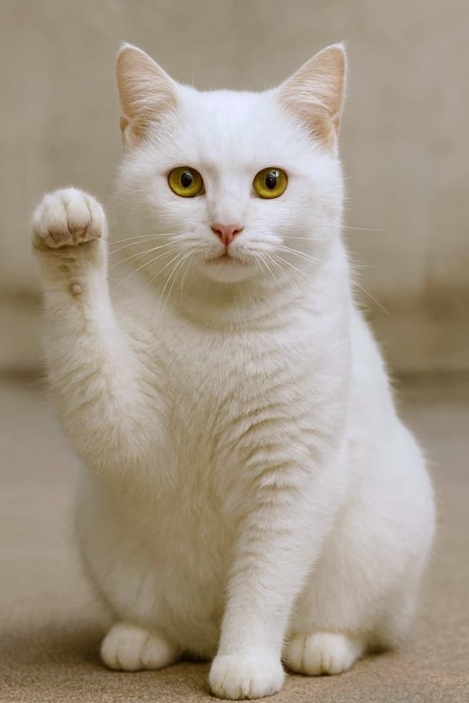 白く柔らかな毛並みの猫が、前足を挙げて座っている。まっすぐカメラを見つめる表情には、好奇心と穏やかさが混ざり合い、まるで「こんにちは」と挨拶しているよう。背景はベージュで、猫の白さが優しく際立っている