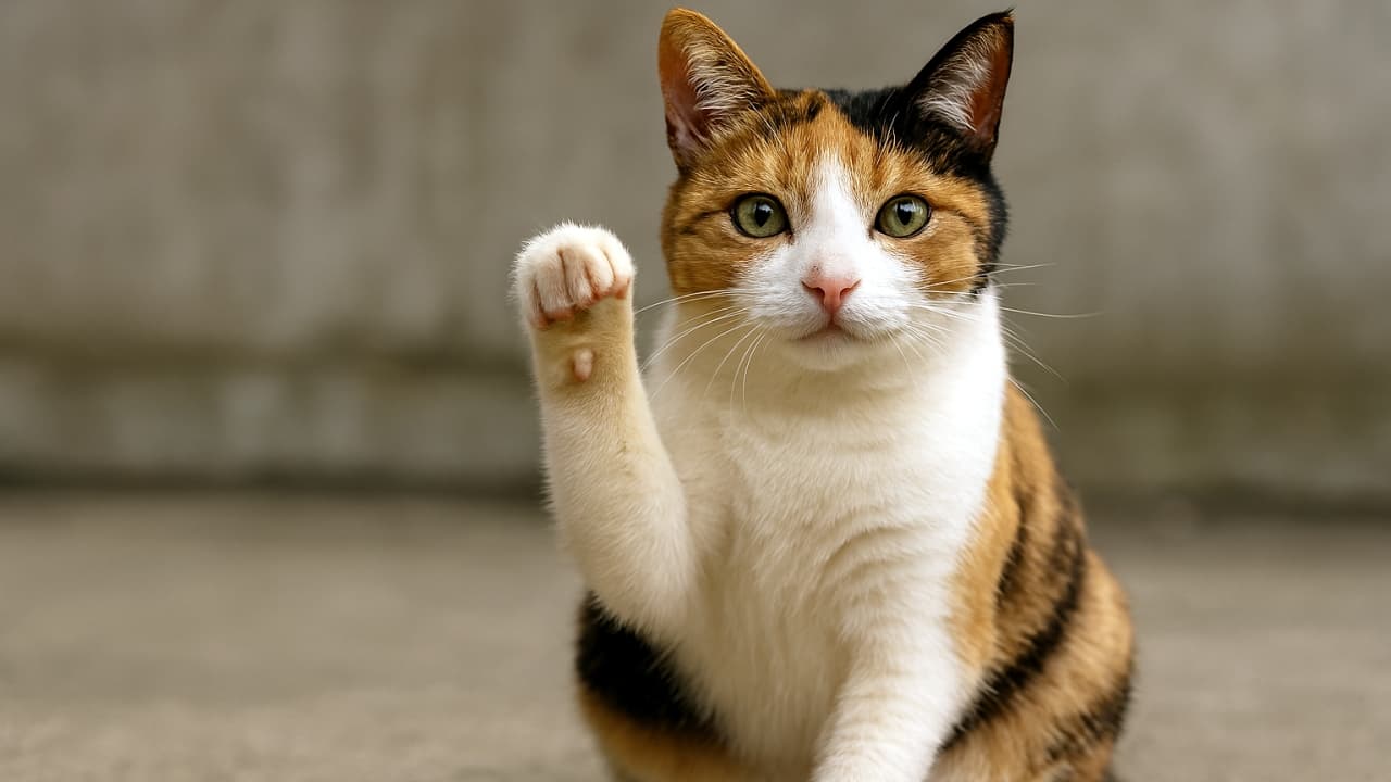 横長構図で三毛猫が左手を掲げて福招き。背景の静かなコンクリートが猫の仕草を引き立てる