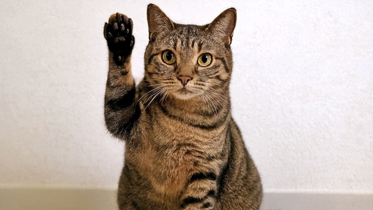 前足を高く挙げて座る茶トラ猫が、ベージュのカーペットと白壁の前でカメラを見つめている。肉球は黒くはっきりと描写され、猫の表情は穏やかで好奇心に満ちている。画面中央に配置され、背景はシンプルで落ち着いた雰囲気