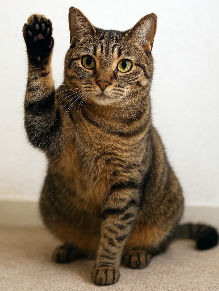 室内で座っているキジトラ猫が、右前足をまっすぐ挙げてこちらを見つめている。柔らかな照明の中、猫の表情は真剣で、背景には淡い色の壁とカーペットが広がっている
