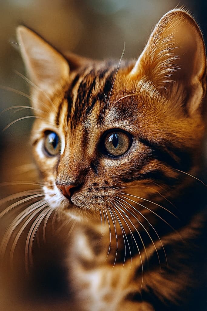 柔らかな自然光に包まれた、茶色のマーブル模様を持つベンガル子猫の顔のクローズアップ。45度の角度から撮影され、好奇心に満ちた大きな瞳と繊細な白いひげが際立つ。背景は暖色系の美しいボケで、毛並みの模様と質感が鮮明に描写されている