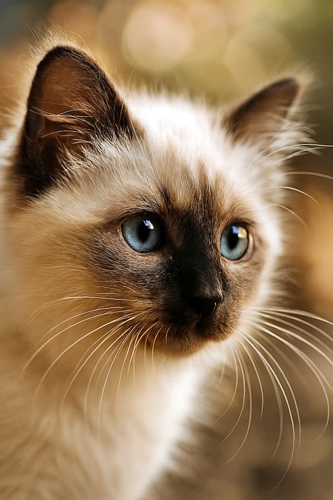 45度の角度から撮影されたチョコレートポイント・バーマンの子猫の顔の超接写写真。柔らかな自然光に照らされ、青く澄んだ好奇心に満ちた瞳と繊細な白いひげが際立つ。背景は暖色系のボケでぼかされ、毛並みの質感や顔の立体感が鮮明に描写されている