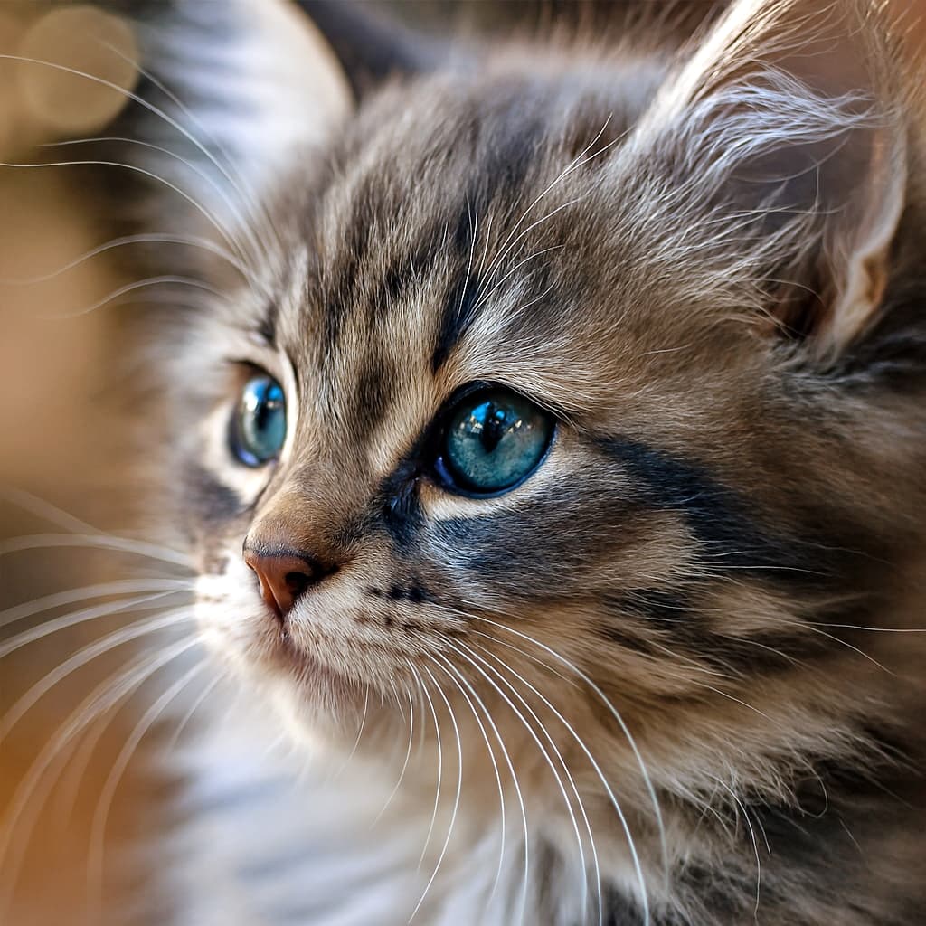 45度の角度から撮影された、青い瞳のブルータビー＆白毛のシベリアン子猫の顔の超接写。柔らかな自然光に包まれ、背景は温かみのある色調の美しいボケ。繊細なひげが際立ち、好奇心に満ちた眼差しが印象的
