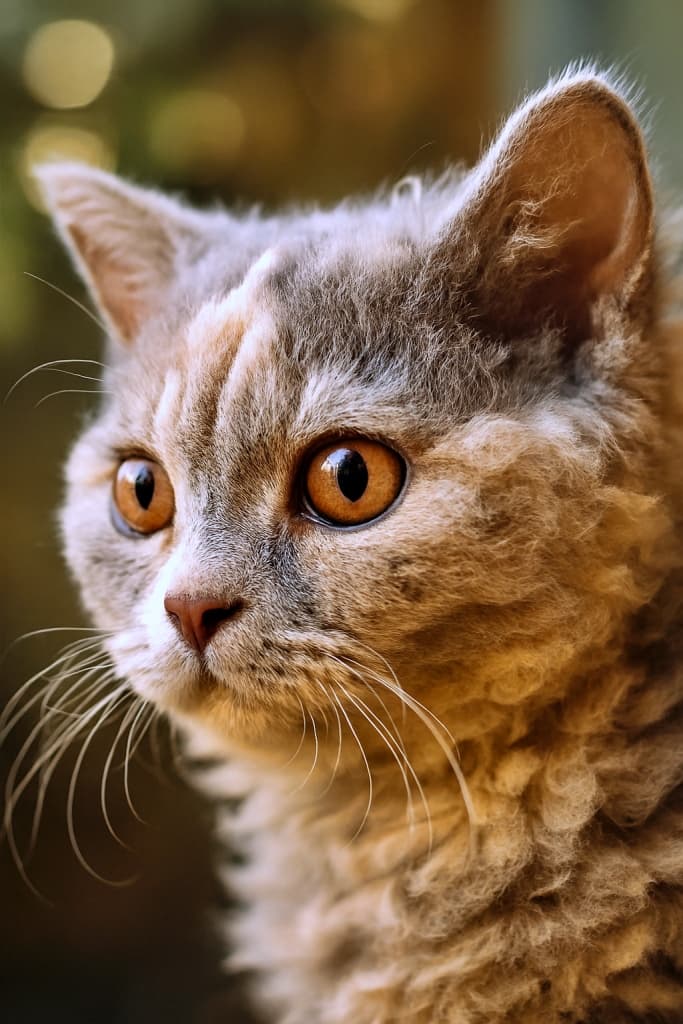 青みがかったクリーム色の巻き毛を持つセリカークレックスの子猫が、45度の角度から撮影された超接写ポートレート。柔らかな自然光に照らされ、好奇心に満ちた琥珀色の瞳が画面外を見つめている。背景は緑と茶色の玉ボケでぼかされ、繊細な白いひげと密な巻き毛の質感が際立っている