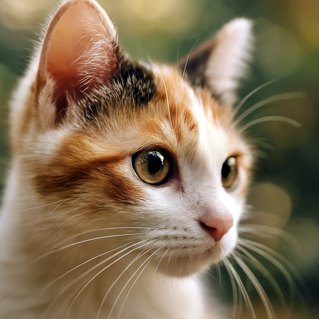 45度の角度から撮影された三毛のジャパニーズボブテイル子猫の顔の超接写写真。柔らかな自然光に包まれ、背景は緑と黄の玉ボケでぼんやりとぼかされている。子猫は好奇心に満ちた大きな瞳で前方を見つめ、繊細な白いひげが頬から優しく伸びている。毛並みは白・黒・茶が混ざり、耳はピンクがかった内側と白い外縁が際立つ。マクロレンズで撮影され、毛の一本一本まで鮮明に描写されている