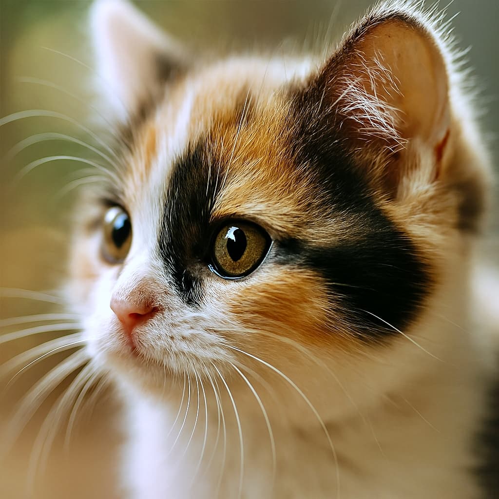 斜め45度から見た、好奇心いっぱいのカリコ柄マンチカン子猫の顔。柔らかな自然光に照らされ、琥珀色の瞳と繊細な白いヒゲが際立つ。背景は優しいボケ味で、毛並みの質感が鮮明に描写されている