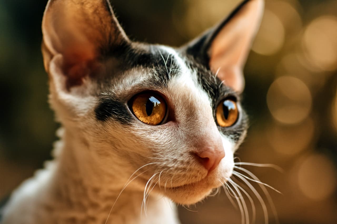 白と黒のコーニッシュレックスの子猫の顔を、45度の角度からマクロレンズで超接写した写真。柔らかな自然光に照らされ、背景は暖色系の円形ボケで美しくぼかされている。子猫は好奇心に満ちた大きな琥珀色の瞳で斜め上を見つめ、繊細なひげと波打つ短毛が鮮明に描写されている。大きく立った耳は半透明で、ピンク色の内側が光を透かしている