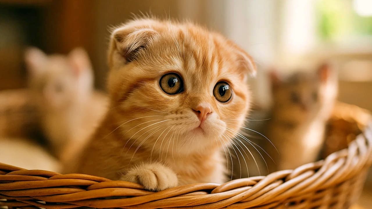 籐のバスケットの中で丸く座る小さな茶トラのスコティッシュフォールドの子猫。耳は折れており、丸く大きな瞳で横を見つめている。背景には、ややぼけた状態で2匹の子猫が同じバスケット内に写っており、室内の柔らかな自然光が全体を包み込んでいる。好奇心と静けさが同居する、温もりある一瞬