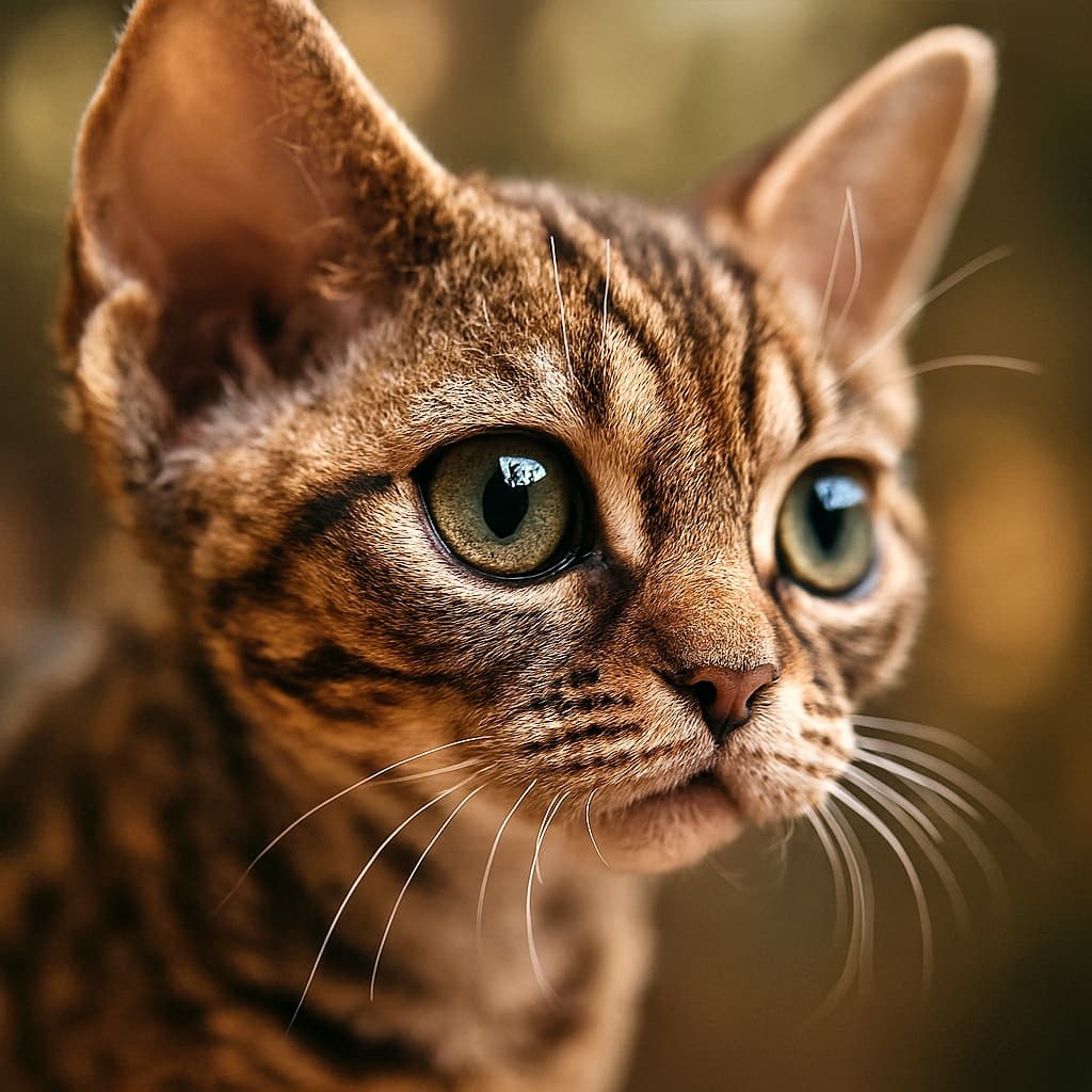 45度の角度から撮影されたデボンレックスの子猫の顔のマクロ写真。茶色のスポットが入ったタビー模様の短く波打つ毛並み、大きく好奇心に満ちた緑がかった瞳、繊細な白いひげ、ピンク色の小さな鼻が柔らかな自然光に照らされている。背景は暖色系のボケで、子猫の表情が際立っている