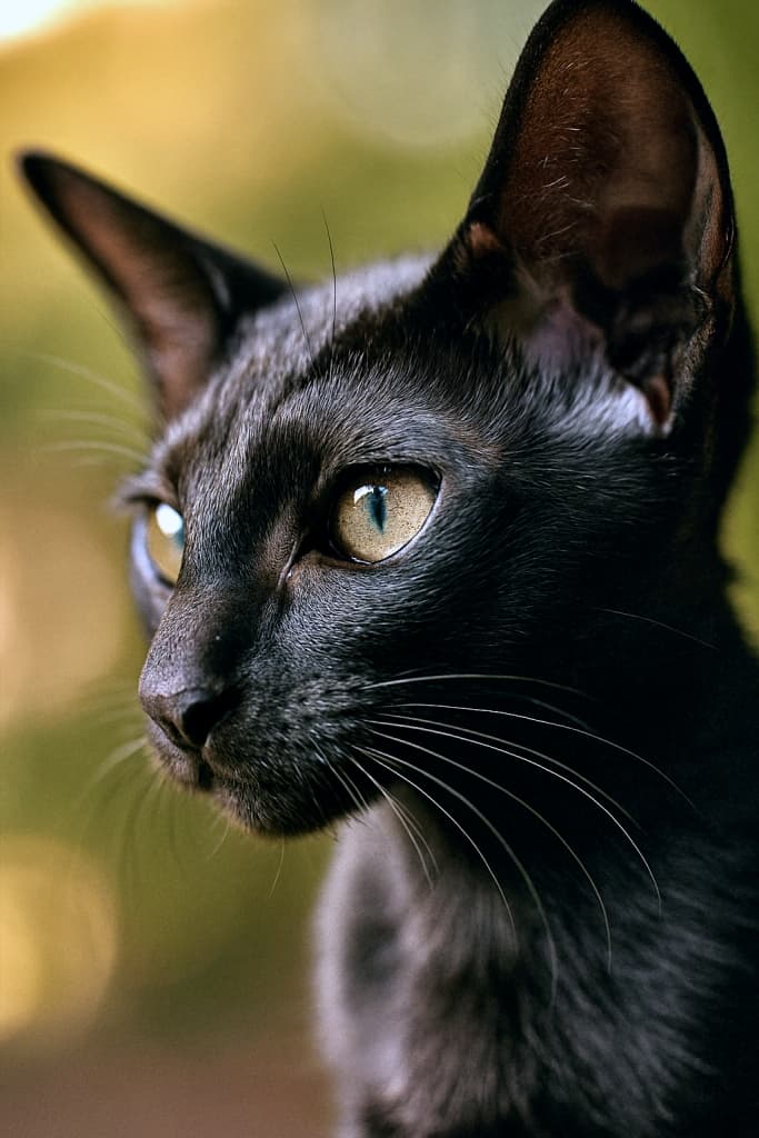黒いオリエンタルショートヘアの子猫の顔を、45度の角度からマクロレンズで撮影した超高精細なクローズアップ写真。柔らかな自然光に包まれ、背景は暖かい色調のボケ。大きく好奇心に満ちた目、繊細な白いヒゲ、艶のある短毛が際立ち、子猫の表情に知的で繊細な魅力が宿る