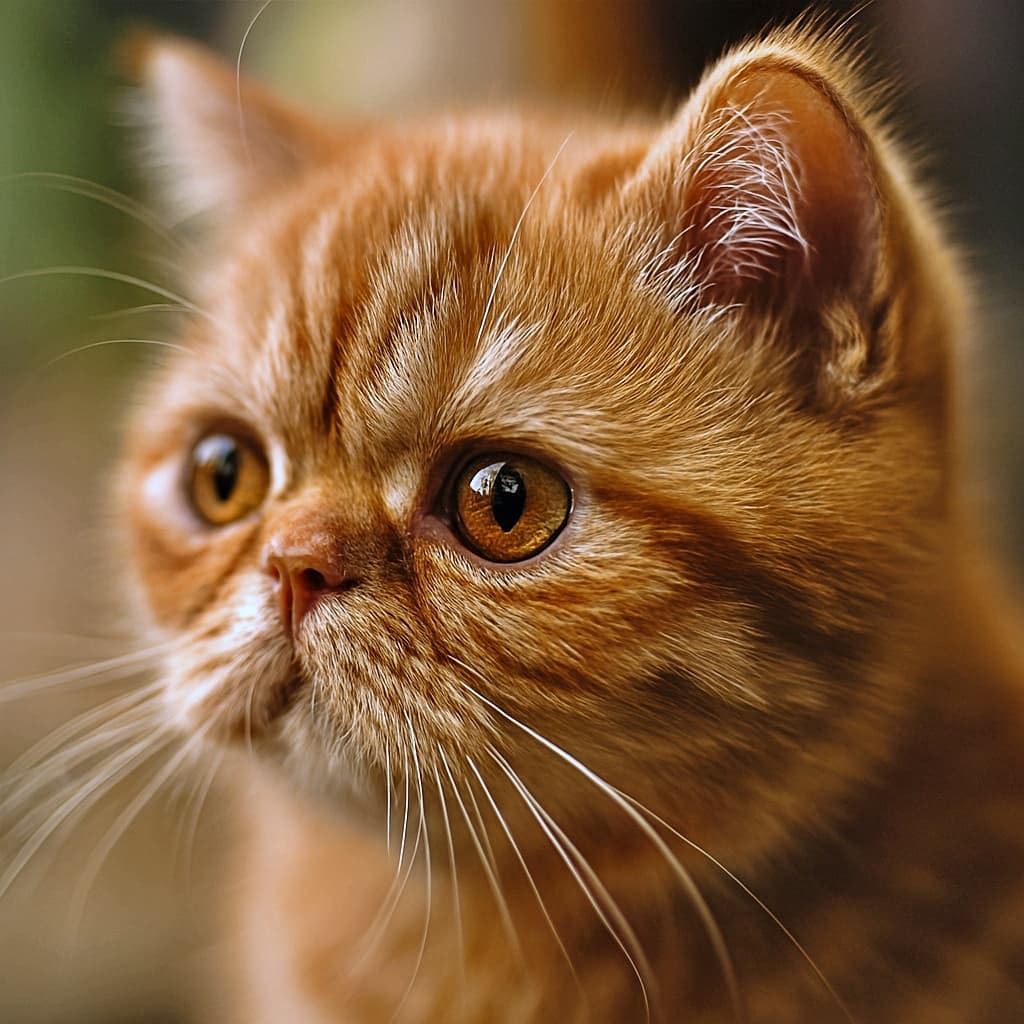 45度の角度から撮影された赤毛のタビー柄エキゾチックショートヘア子猫の顔の超接写写真。好奇心に満ちた大きな瞳、繊細な白いひげ、密な毛並みが柔らかな自然光に照らされ、背景は暖色系のボケで優しくぼやけている