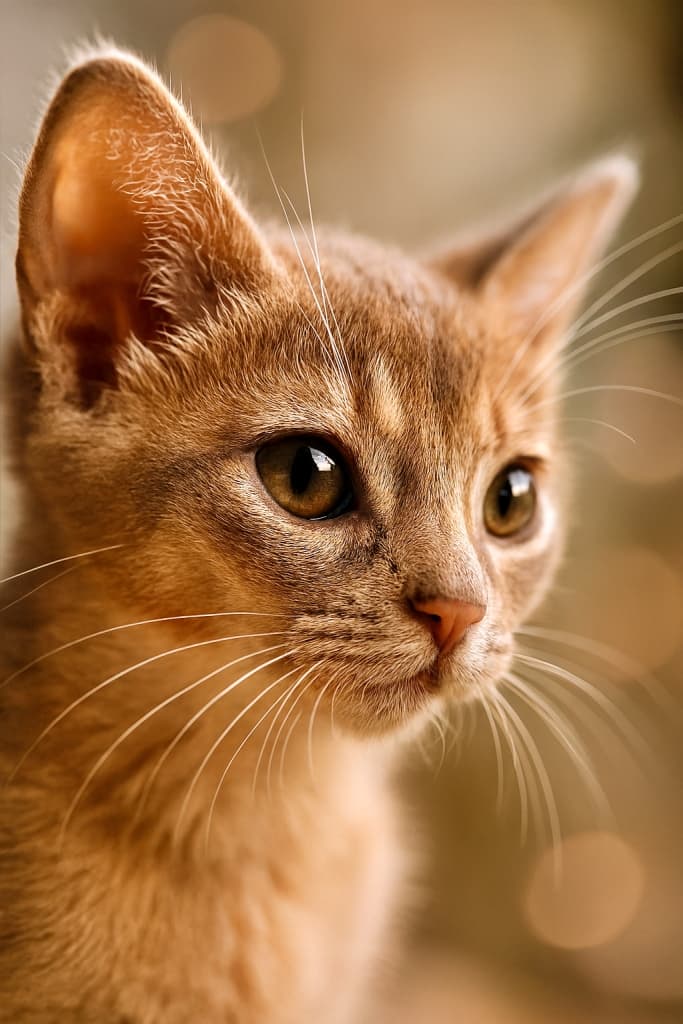 45度の角度から撮影された、ソマリの子猫の顔の超高精細なクローズアップ写真。柔らかな自然光に包まれ、背景は金色の玉ボケで美しくぼかされている。子猫は好奇心に満ちた大きな瞳で何かを見つめており、繊細な白いひげとふわふわのフォーン色の毛並みが際立っている