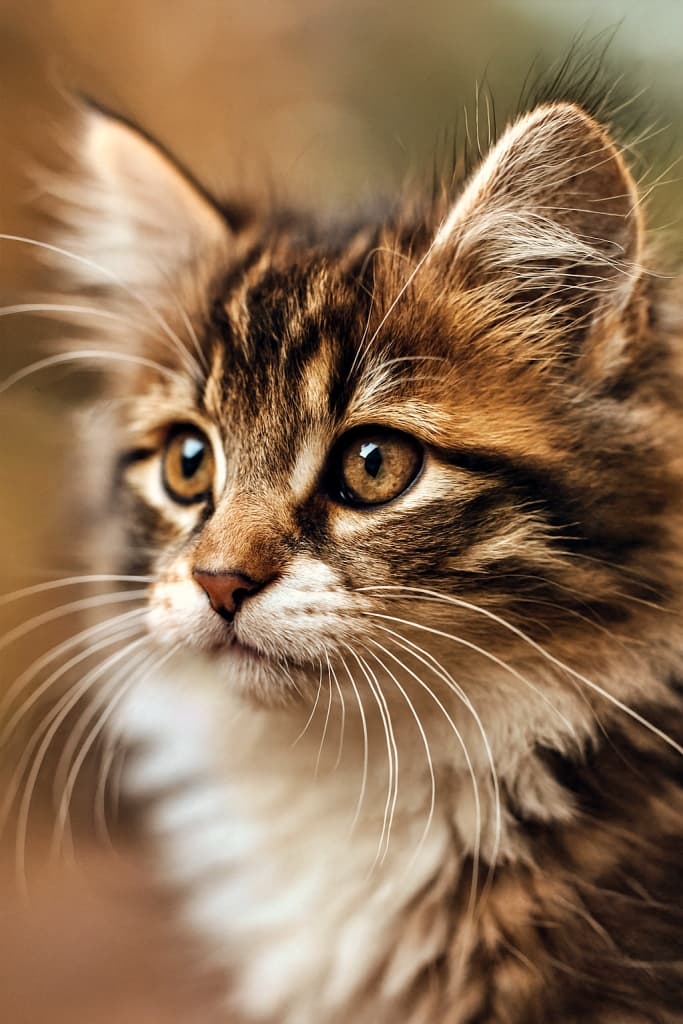 柔らかな自然光に包まれた、茶色の縞模様と白い毛並みを持つノルウェージャンフォレストの子猫の顔のクローズアップ。45度の角度から撮影され、好奇心に満ちた金色の瞳と繊細な白いひげが際立つ。背景は暖色系のボケで優しくぼやけている