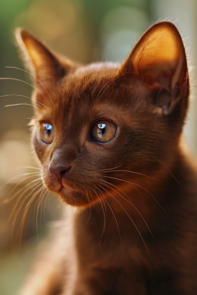 45度の角度から撮影されたハバナブラウンの子猫の顔の超接写写真。柔らかな自然光に照らされ、好奇心に満ちた瞳と繊細な白いひげが際立つ。背景は暖色系の円形ボケで美しくぼかされ、マクロレンズによる毛並みの質感が鮮明に描写されている