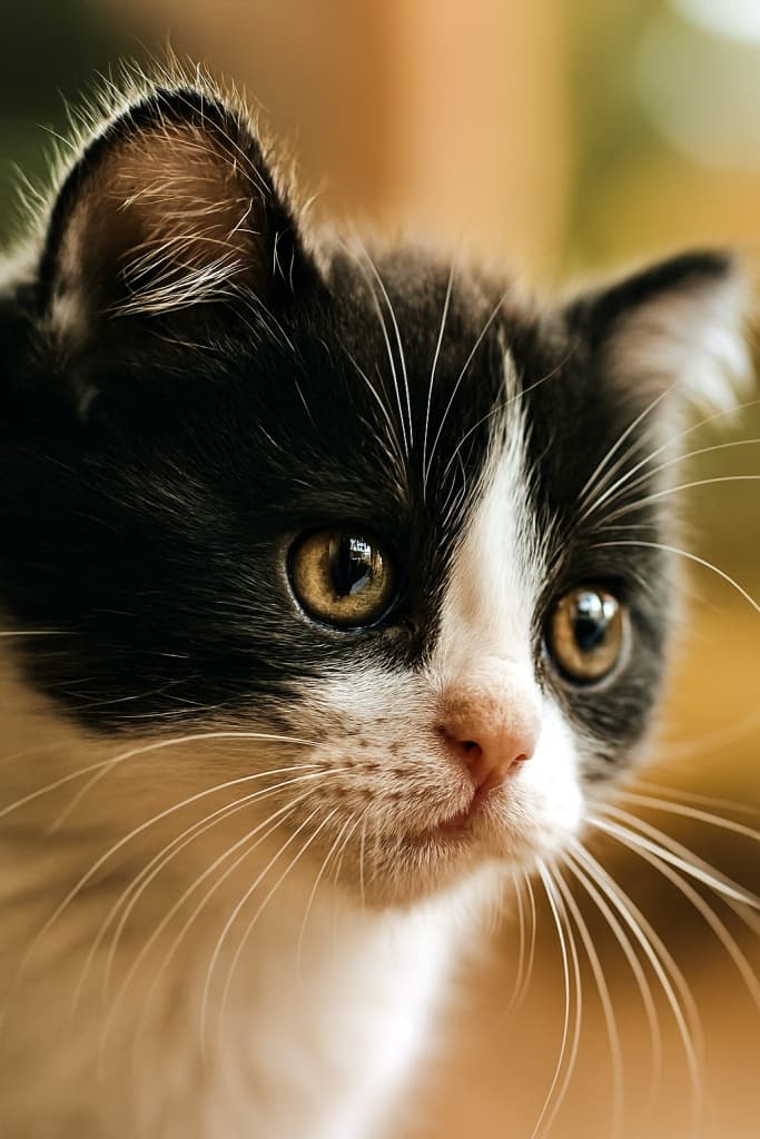 黒と白の毛並みを持つキンカローの子猫の顔を、45度の角度からマクロレンズで撮影した超高精細なクローズアップ写真。柔らかな自然光に照らされ、背景は暖色系の美しいボケでぼやけている。子猫は好奇心に満ちた大きな瞳で遠くを見つめており、繊細な白いひげが頬から伸びている。耳は小さく丸みを帯び、黒い毛に白い毛が混じっている。鼻はピンク色で、毛並みの境界が額から鼻筋にかけてくっきりと分かれている