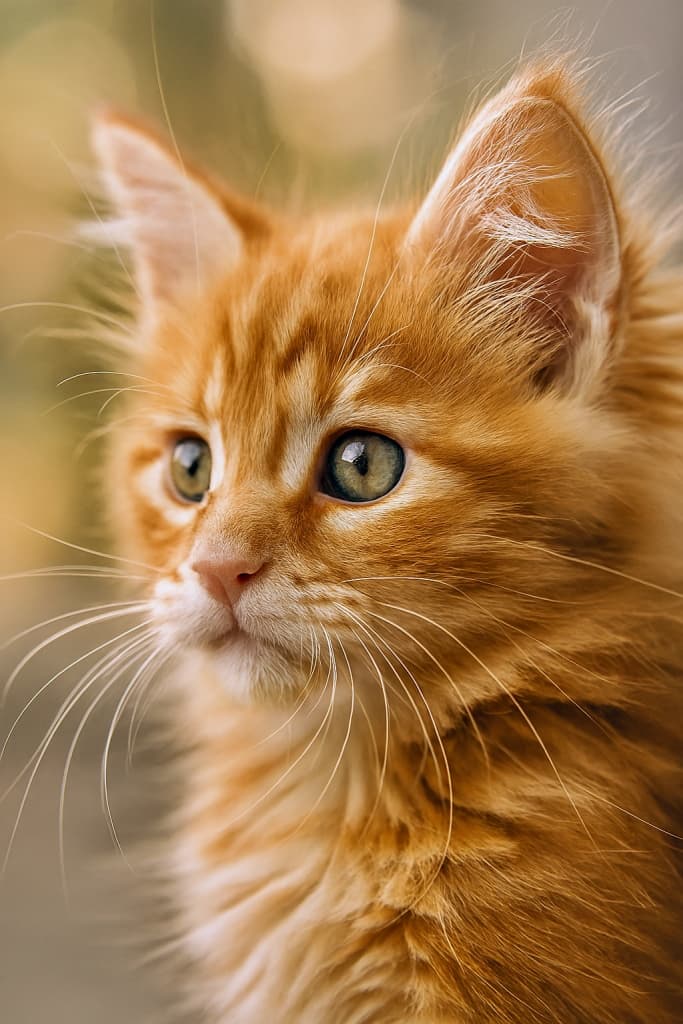 赤毛のタビー模様を持つメインクーンの子猫が、斜め45度の角度から柔らかな自然光に照らされて写っている。背景は暖色系のボケでぼやけており、子猫の好奇心に満ちた目、繊細な白いひげ、ふわふわの毛並みがマクロレンズで精密に捉えられている