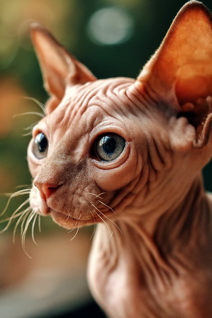 ピンク色のスフィンクス子猫の顔を45度の角度から捉えた超接写写真。大きくて好奇心に満ちた瞳、繊細なひげ、しわのある柔らかな肌が自然光に照らされ、背景は緑とオレンジの玉ボケで優しくぼかされている