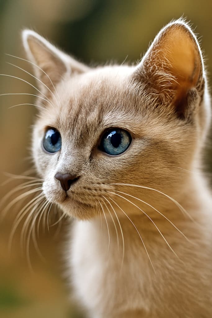 45度の角度から撮影されたプラチナポイント・トンキニーズ子猫の顔の超接写写真。柔らかな自然光に照らされ、青く好奇心に満ちた瞳と繊細な白いひげが際立つ。背景は暖色系のボケで、毛並みの一本一本まで鮮明に描写されている