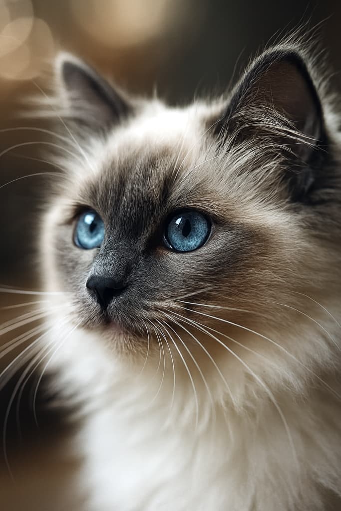 45度の角度から撮影されたブルーポイント・バイカラーのラグドール子猫の顔のクローズアップ。青く好奇心に満ちた瞳、繊細な白いひげ、ふわふわの毛並みが自然光に照らされ、背景は暖色系の美しいボケで柔らかくぼやけている