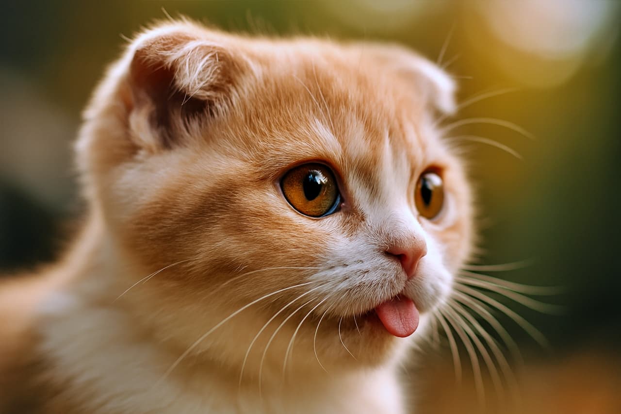クリームタビーと白のスコティッシュフォールドの子猫が、45度の角度から柔らかな自然光の中で撮影された超接写写真。丸く折れた耳、光沢のある琥珀色の瞳、ピンクの舌を少し出した遊び心のある表情が特徴。繊細な白いひげがくっきりと浮かび、背景は暖色系の円形ボケで優しくぼかされている