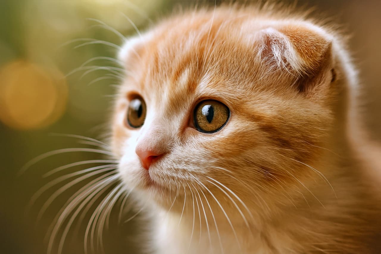 クリーム色と白のスコティッシュフォールドの子猫が、45度の角度から柔らかな自然光の中で写された超高精細なクローズアップ写真。丸く好奇心に満ちた瞳、繊細な白いひげ、折れた小さな耳、ふわふわの毛並みが鮮明に描写されており、背景は暖色系のボケで優しくぼかされている